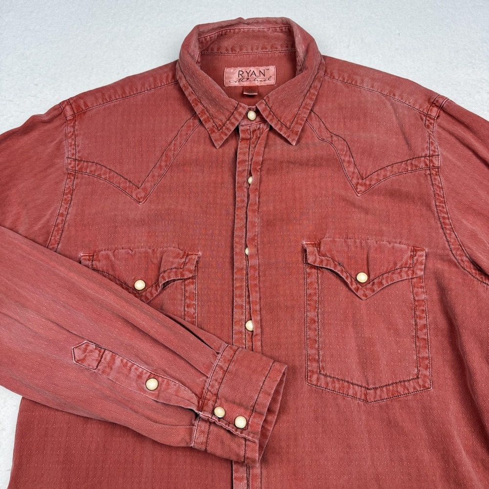 Ryan Michael Shirt Mens Medium Red Silk Western Long Sleeve Snap Button Up